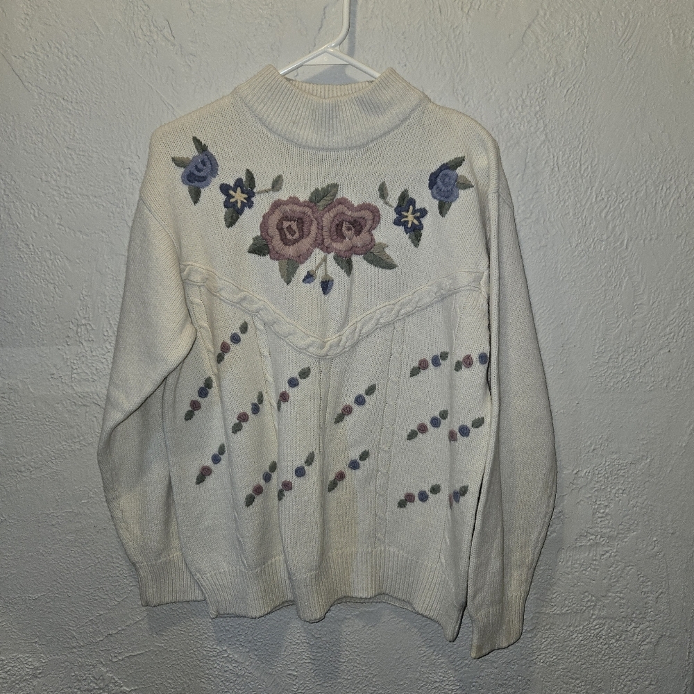 Alfred Dunner Vintage Cream Floral Granny Turtleneck Sweater Womens Size 38
